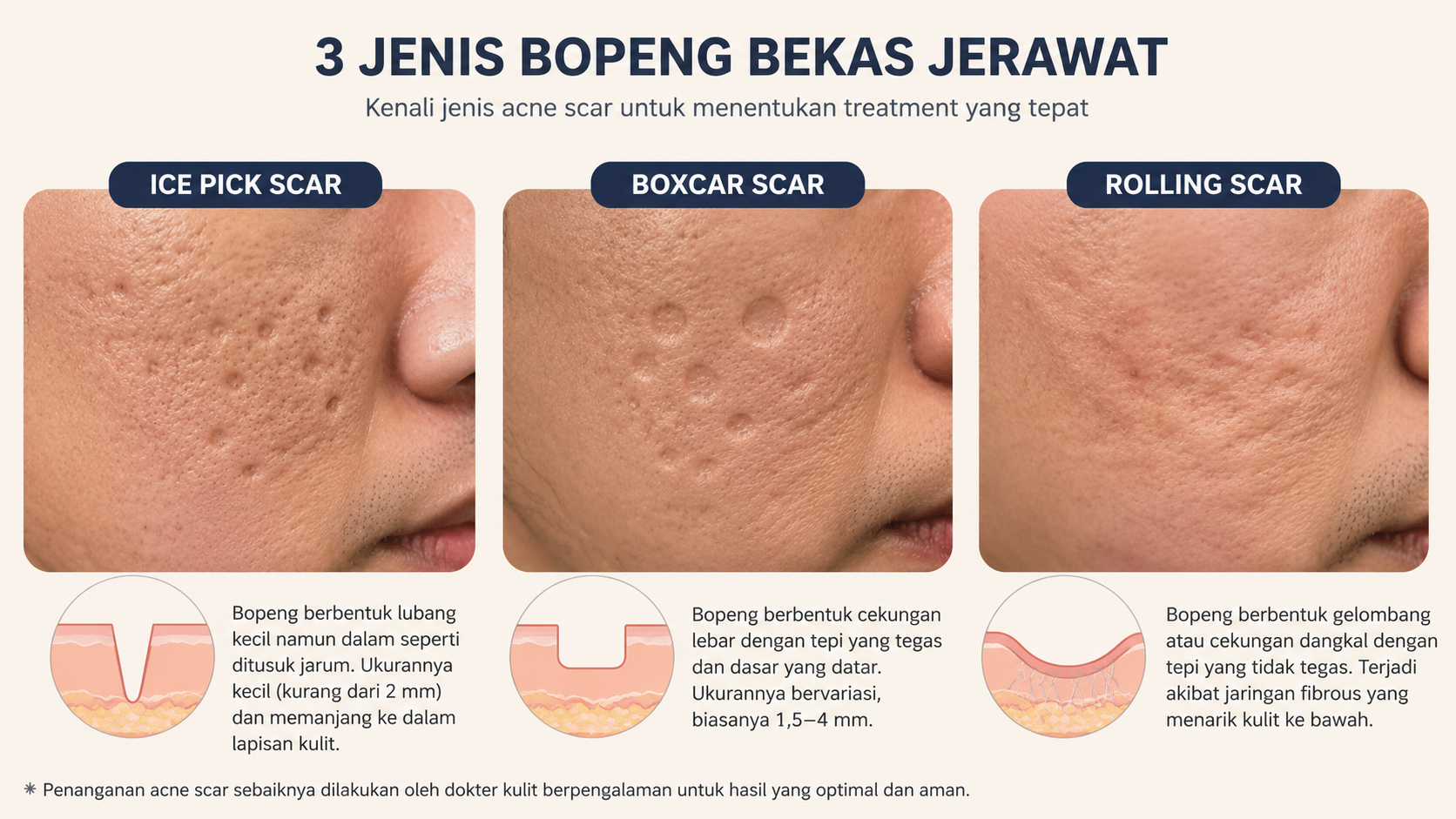 Setiap jenis bopeng bekas jerawat memiliki bentuk dan karakteristik yang berbeda. Mengenali perbedaan Ice Pick Scar, Boxcar Scar, dan Rolling Scar membantu dokter menentukan treatment yang paling sesuai untuk memperbaiki tekstur kulit.