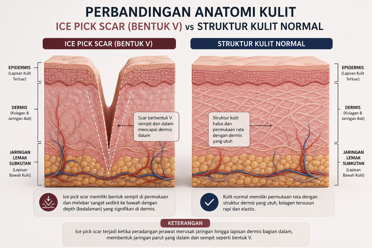 Grafis ilustrasi anatomi penampang kulit yang membandingkan kedalaman bentuk V pada ice pick scar dengan struktur dermis normal