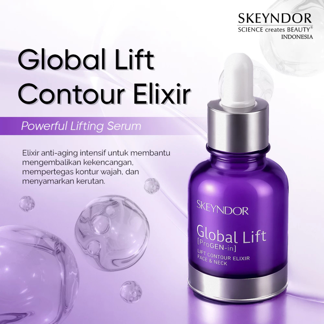 SKEYNDOR Global Lift Contour Elixir Face And Neck Dirancang Khusus Untuk Memperbaiki Sekaligus Menjaga Kulit Dewasa Yang Kehilangan Kekencangan (Kulit Kendur) Dan Memiliki Kerutan, Dengan Teknologi Progen-In Dimana Perpaduan 3 Bahan Aktif Yang Ada (Biometic Peptide Of Elafin, Extract Of Menyanthes Trifoliate & Black Paper) Memiliki Manfaat Untuk Mengencangkan Kulit, Memperbaiki Kontur Wajah, Melawan Penuaan Serta Memperbaiki Warna Kulit.