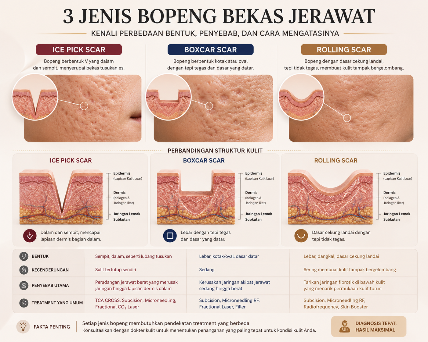 Tabel infografis visual yang membandingkan tiga jenis bopeng: Ice Pick, Boxcar, dan Rolling Scar.