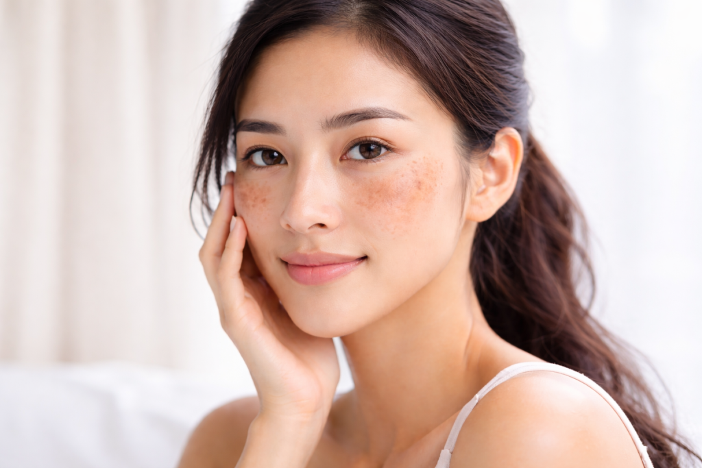 Wanita Asia dengan melasma di wajah berupa bercak coklat pada pipi dan area hidung akibat hiperpigmentasi kulit