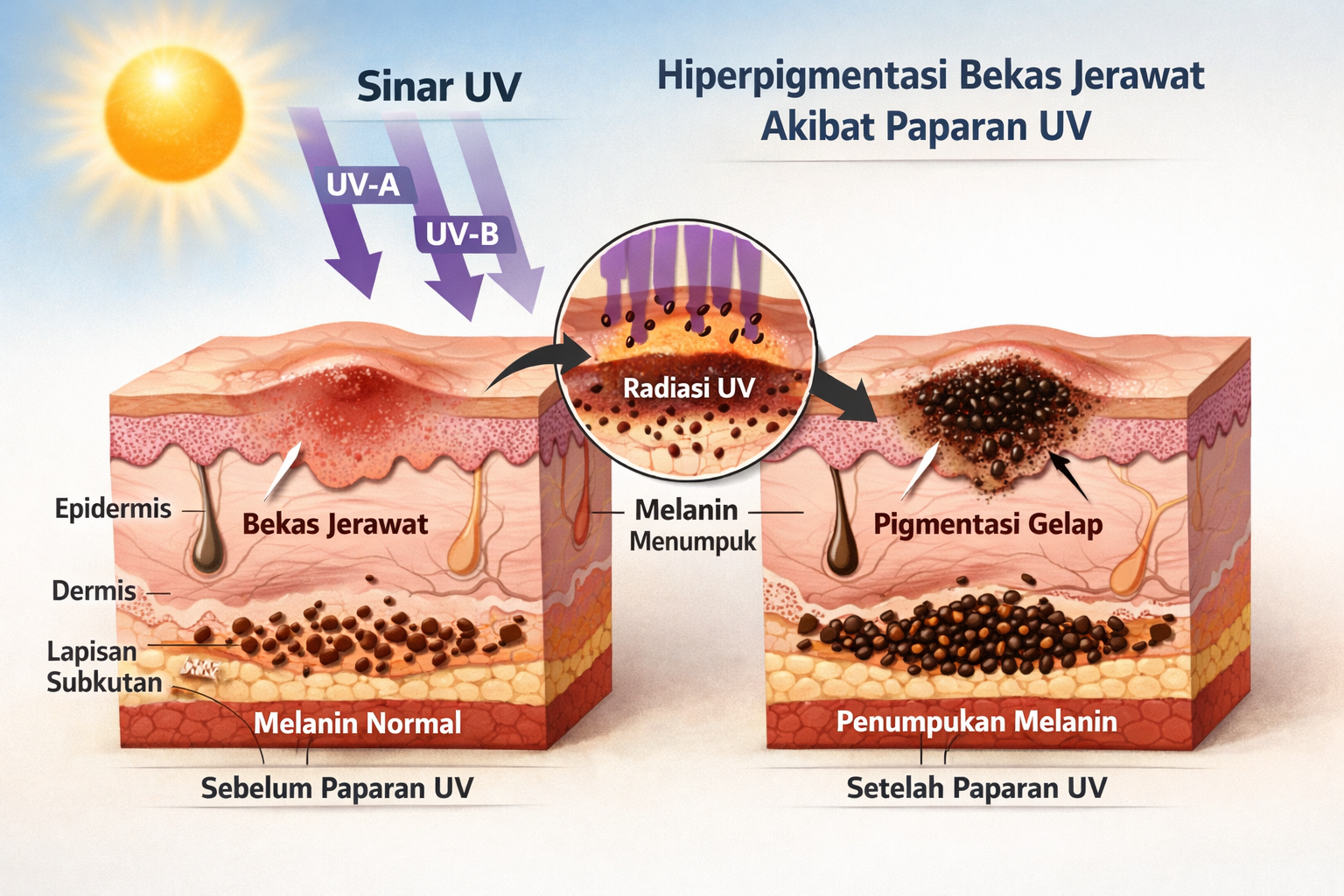 Perbedaan bekas jerawat dengan dan tanpa sunscreen