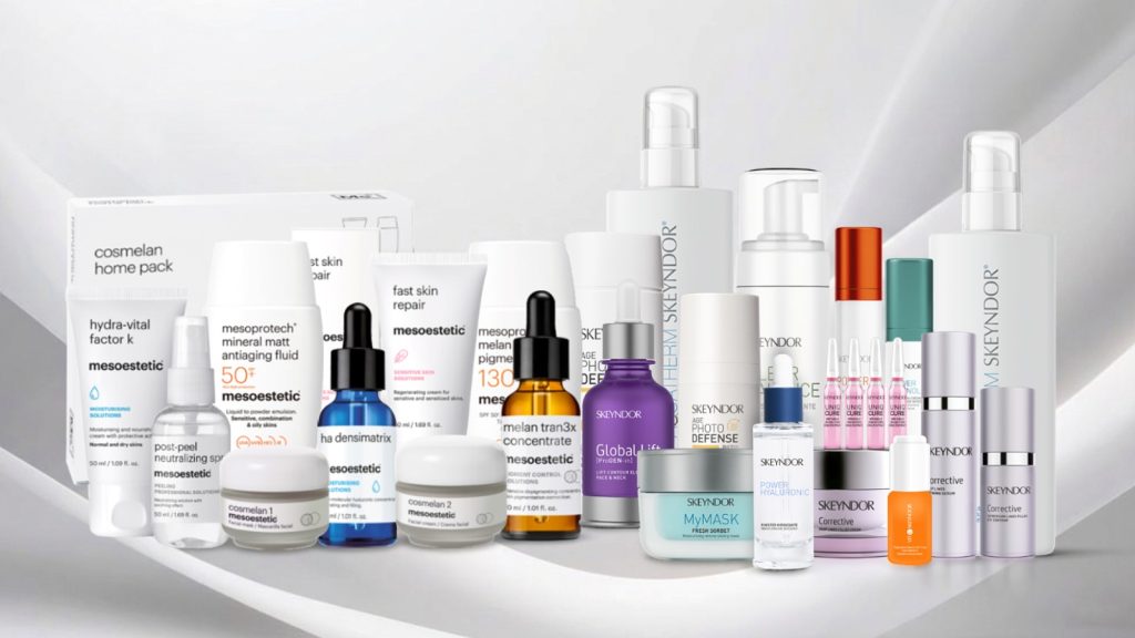 Produk skincare premium tertata rapi di meja vanity minimalis.