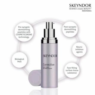 Produk Skeyndor Corrective Deep Lines Refining Serum untuk menyamarkan kerutan dalam dan garis ekspresi wajah.